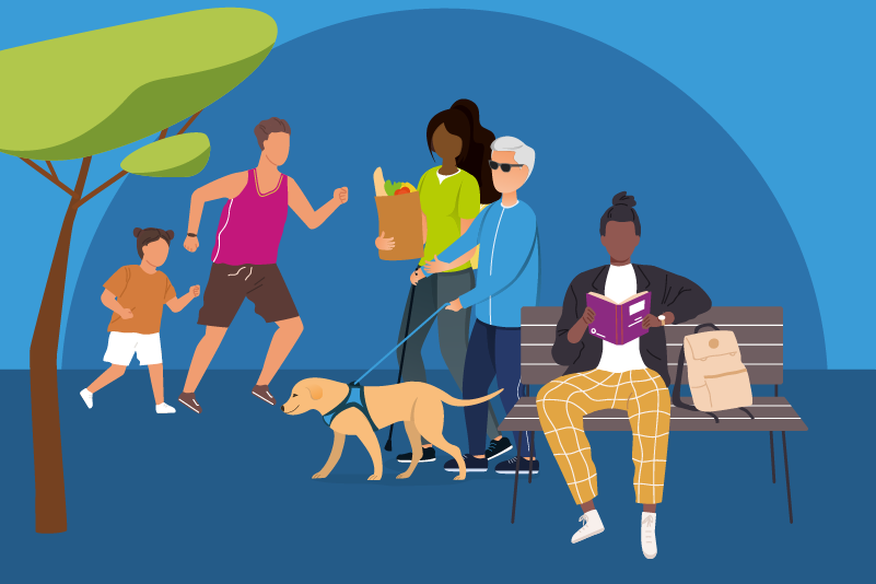 illustration with blue background, of a large group of people and a dog outside in a country park.