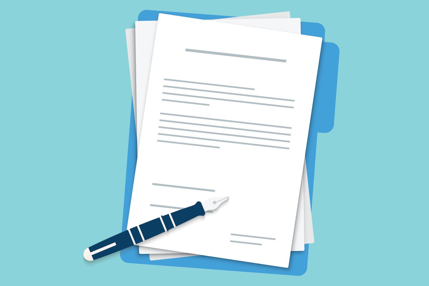 A graphic of a pen and paper indicating the documents you need to supply to apply for a blue badge