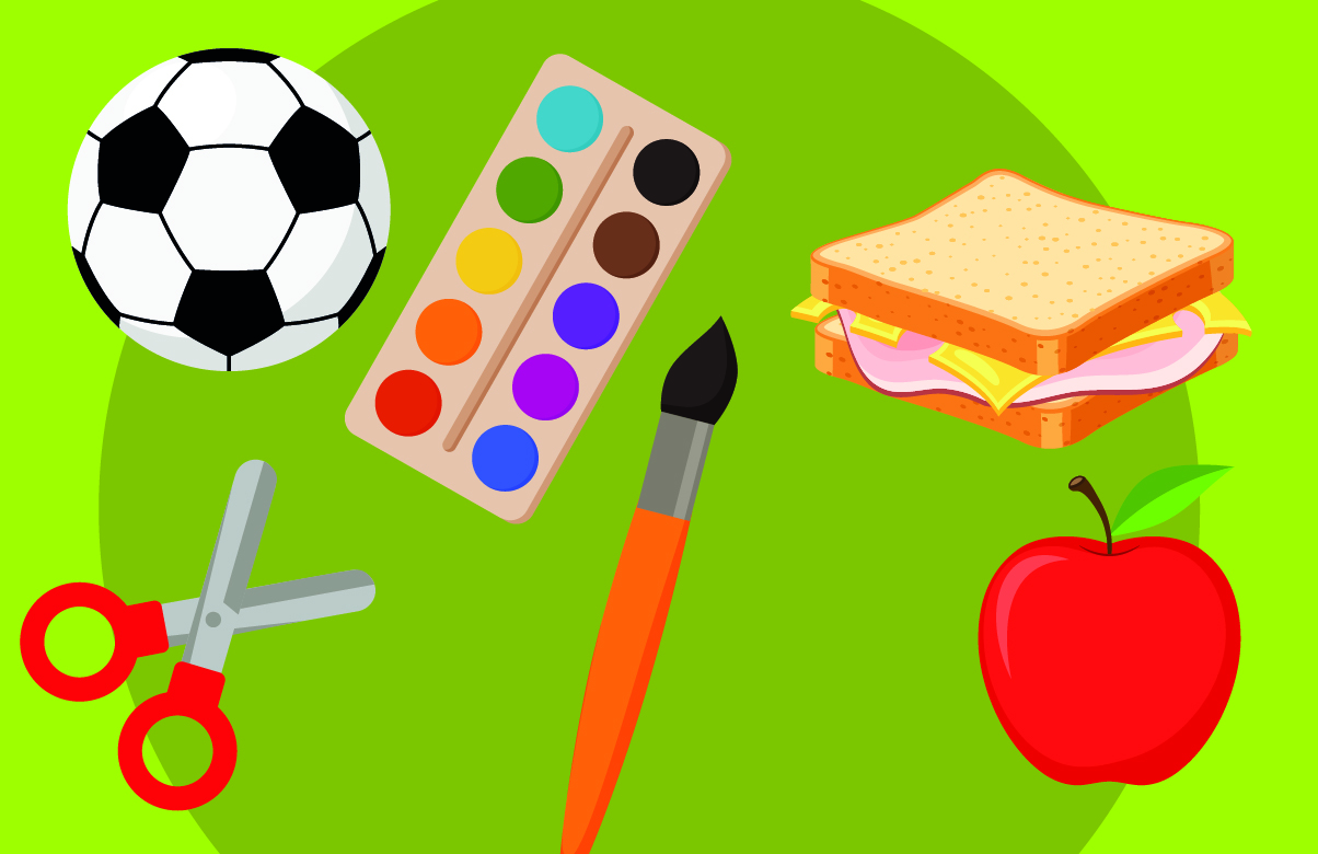 Different activities (football, arts and crafts, painting and food) on a green background.