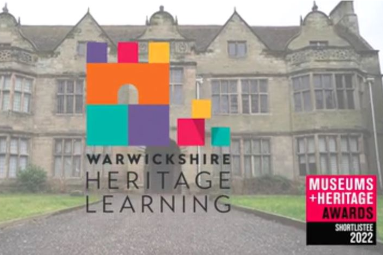 Heritage learning logo of a castle made of building blocks over an image of St Johns House.