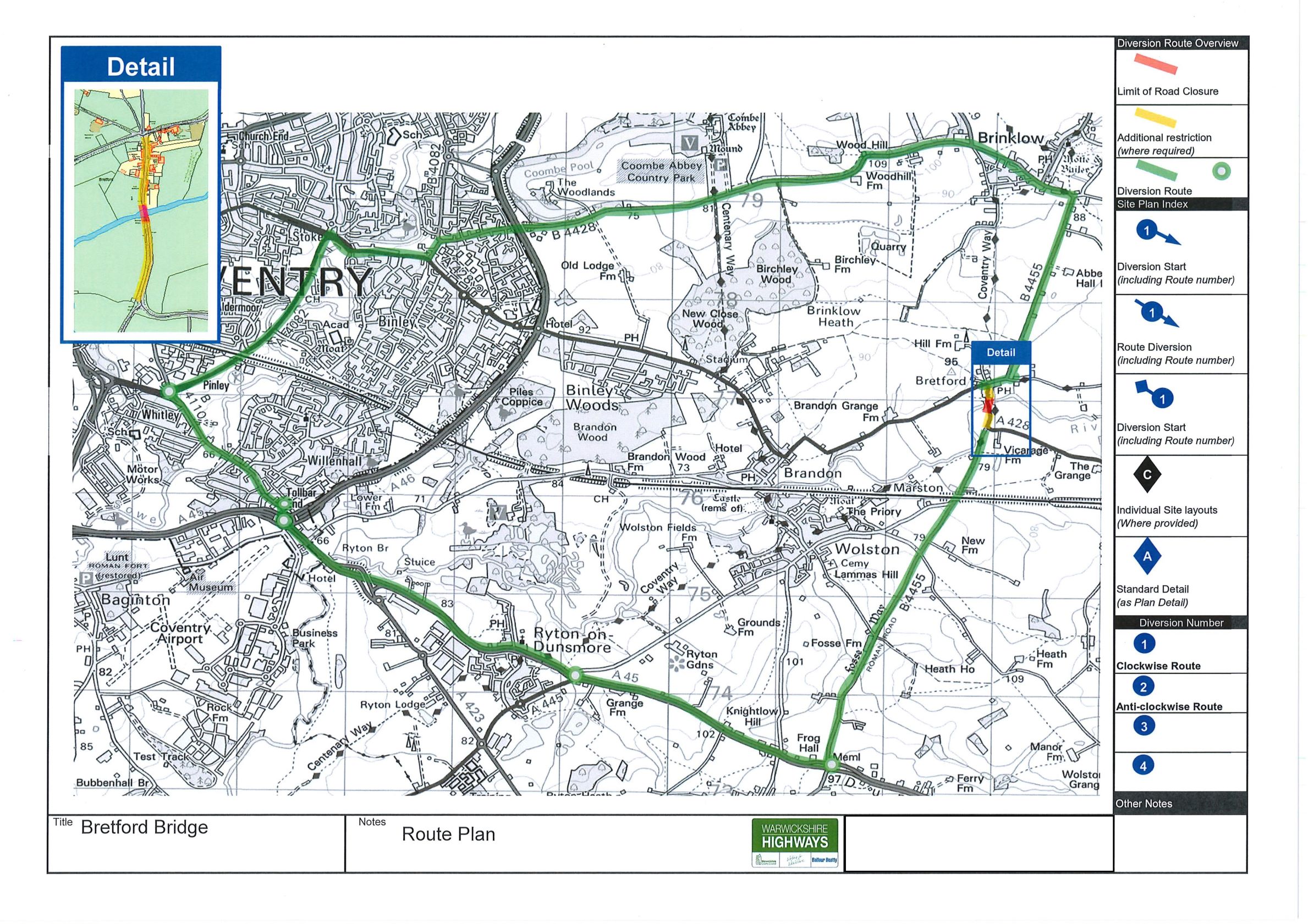 Map of Warwickshire indicating diversion route