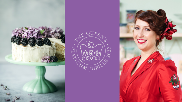 The Queens Platinum Jubilee logo, next to a photo of a cake on a cake stand and another photo of a lady in teashop dress.