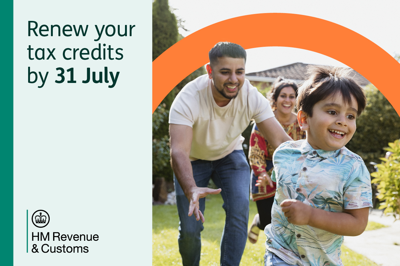 Tax credits renewal graphic, with a photo of a dad chasing his son playfully in a garden.