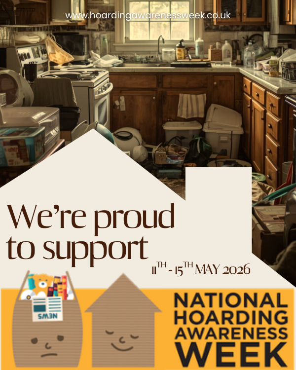 A graphic with an image of a room with hoarded items and a banner at the bottom in the shape of a house which says 'we're proud to support National Hoarding Awareness Week, 11 - 15 May 2026'