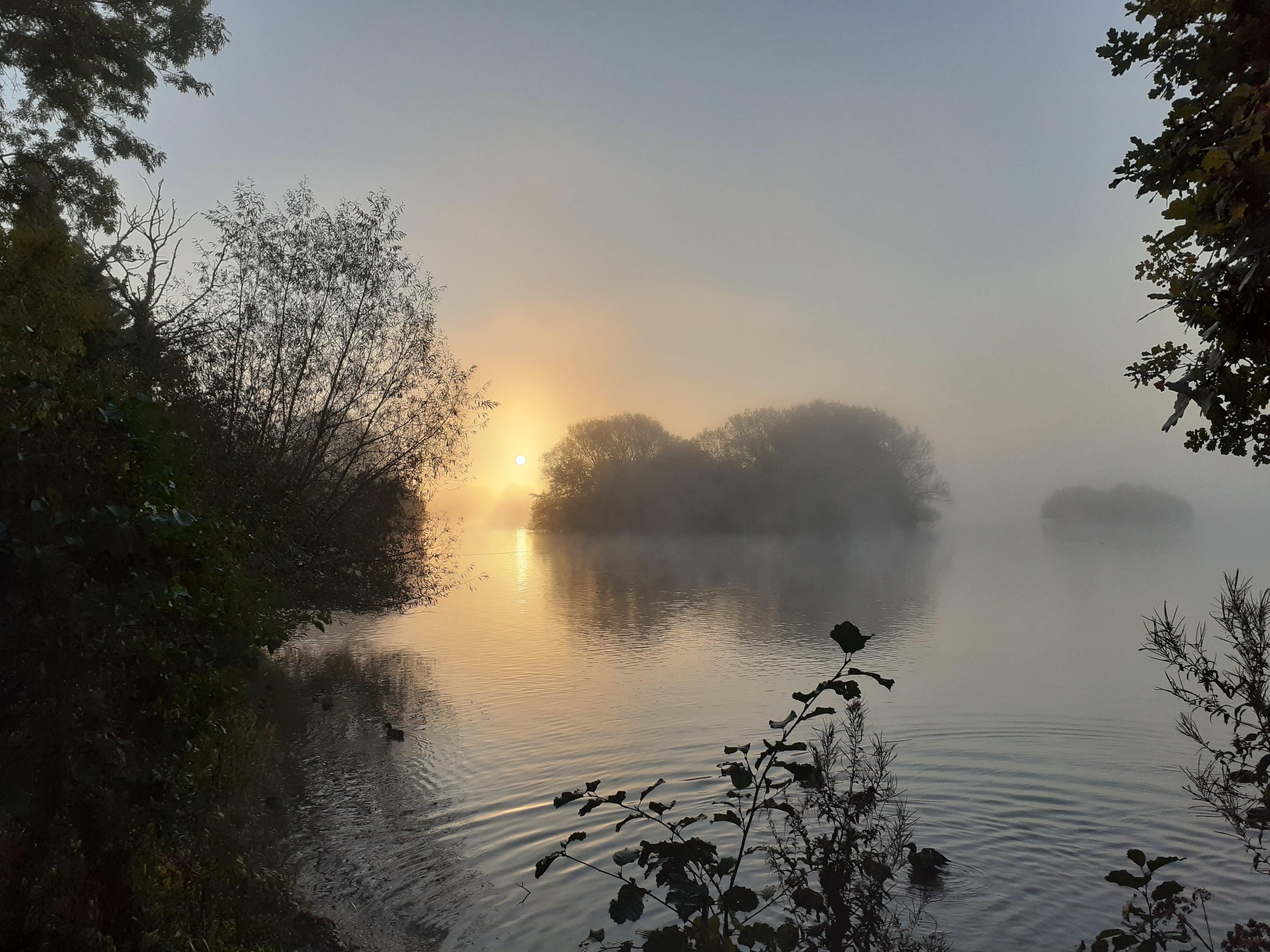 A photograph featuring a misty sunrise over a lake at Kingsbury Water Park