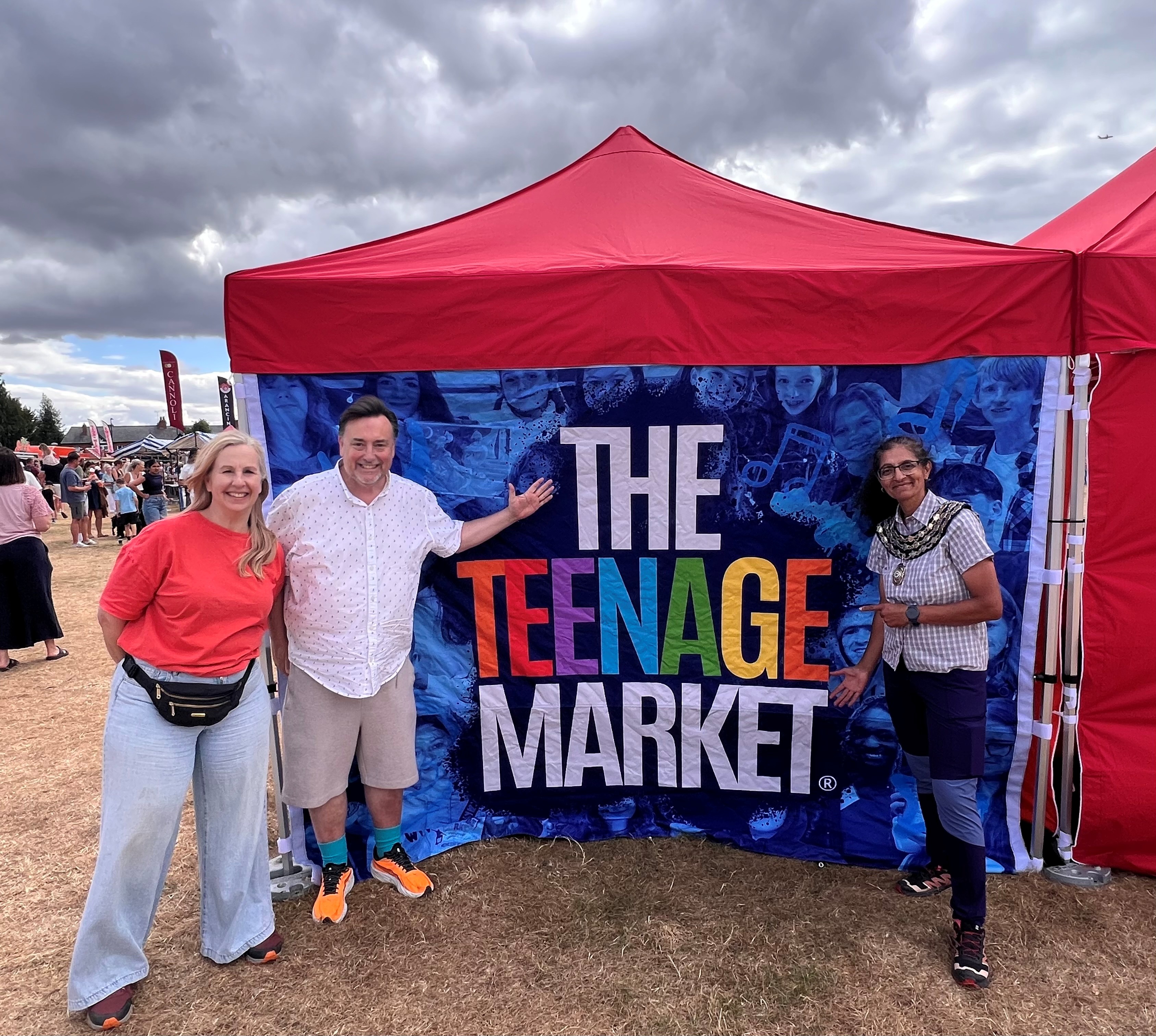 Audrey Brown, Sector Development Officer at WCC, Cllr James Crocker, WCC’s Deputy Leader and Portfolio Holder for Finance and Property, and Alison Insley, Mayor of Kenilworth, at Kenilworth Teenage Market.
