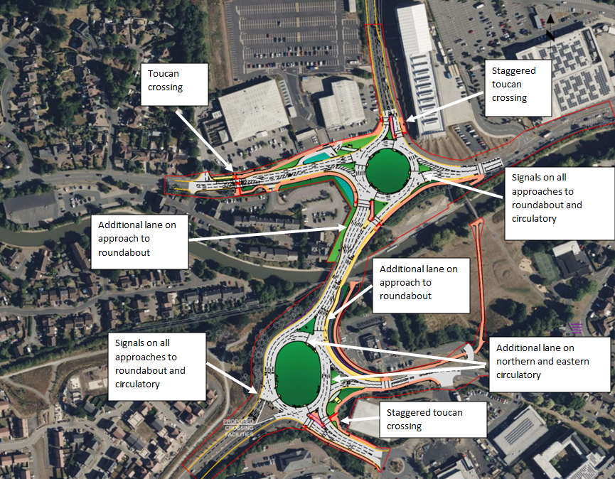 Updated plan of the Europa Way corridor. The plan shows the location of new Toucan Crossings and where additional lanes will be