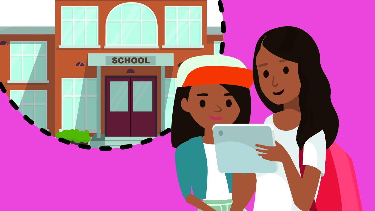 Graphic showing a woman and a child looking at school results.