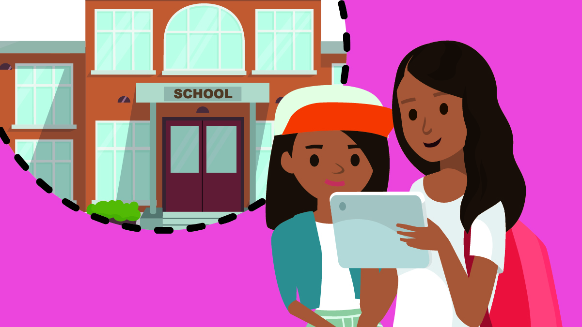 Cartoon of a parent and child applying for schools on an ipad