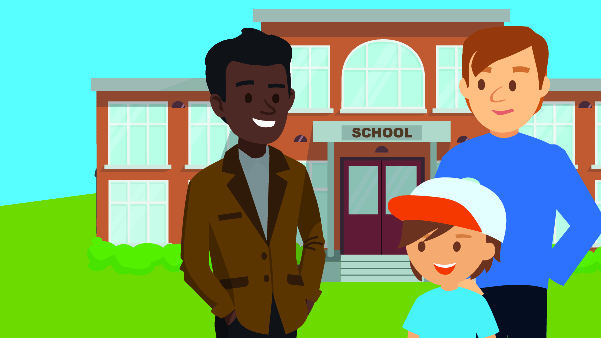 Cartoon image of two adults and a child outside of a school