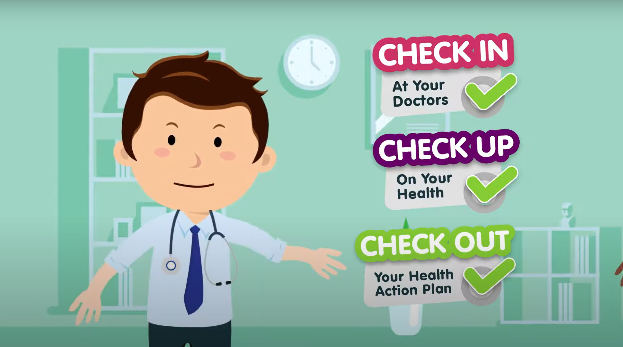 Illustration of a friendly male doctor reminding young people to Check in at your doctors, Check up on your health and Check out your Health Action Plan.
