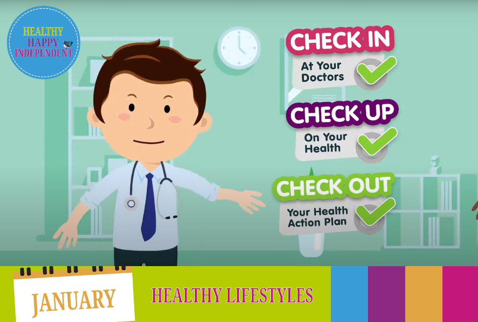 Illustration of a doctor wearing a stethoscope and the words 'January Healthy Lifestyles'