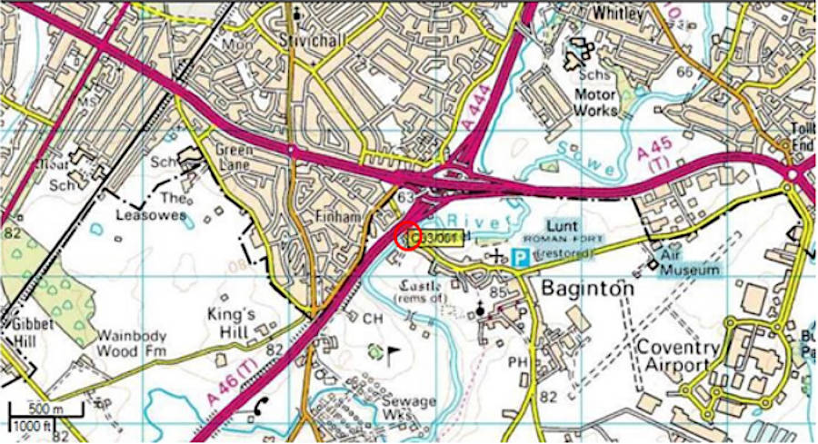 Ordnance Survey map showing location of Baginton Mill Bridge