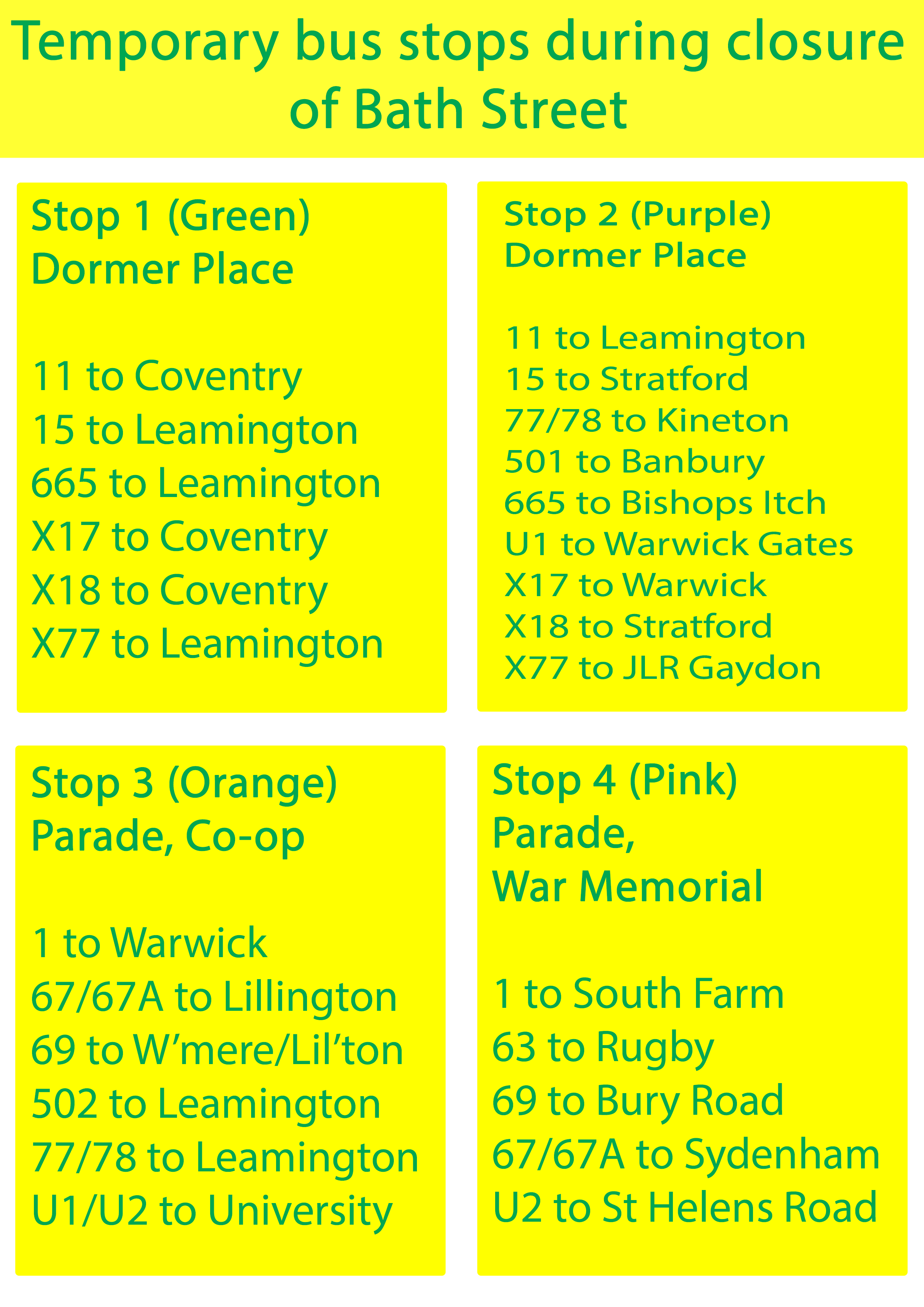 Bath street closure alternative stops list