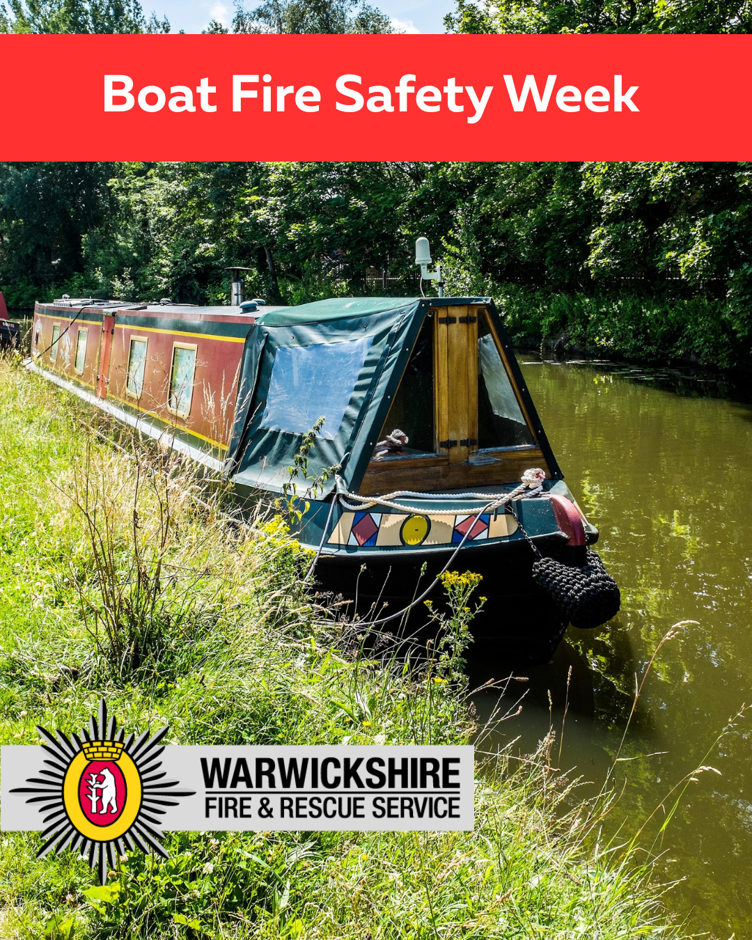 A photo of a canal boat on the water with a red banner across the top with the text 'Boat Fire Safety Week' in white.