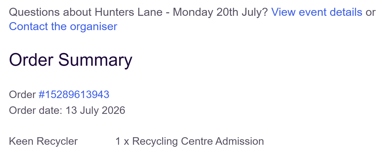Example booking confirmation email for recycling centres