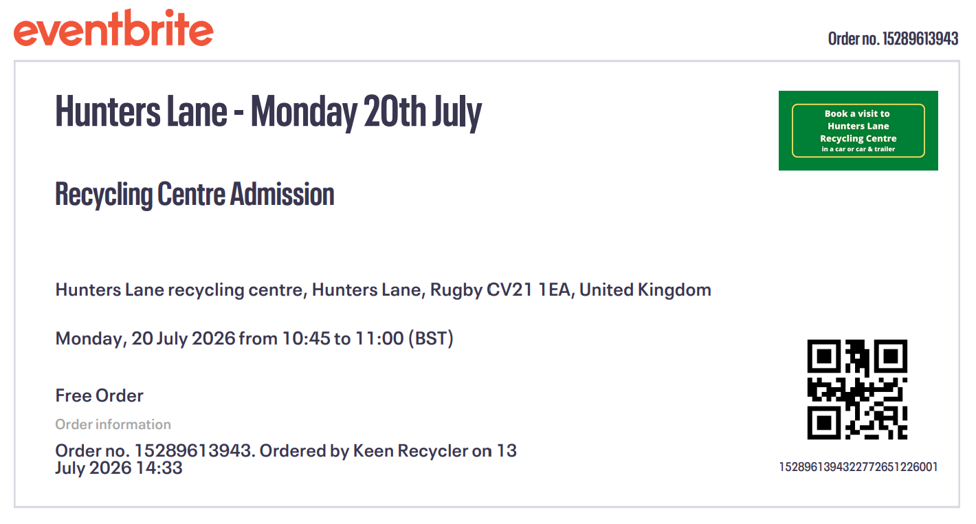 Example recycling centre booking ticket