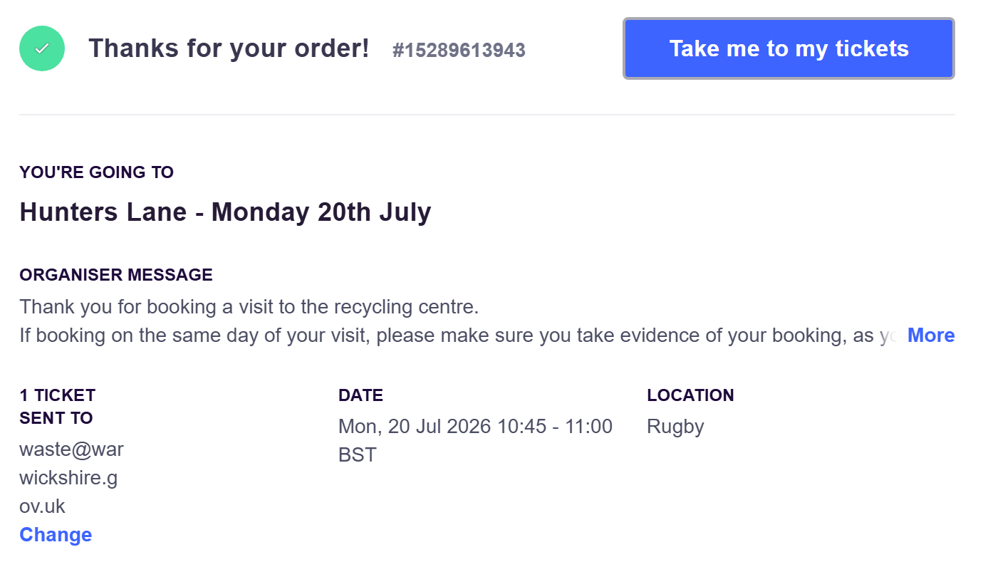 Example recycling centre booking confirmation page