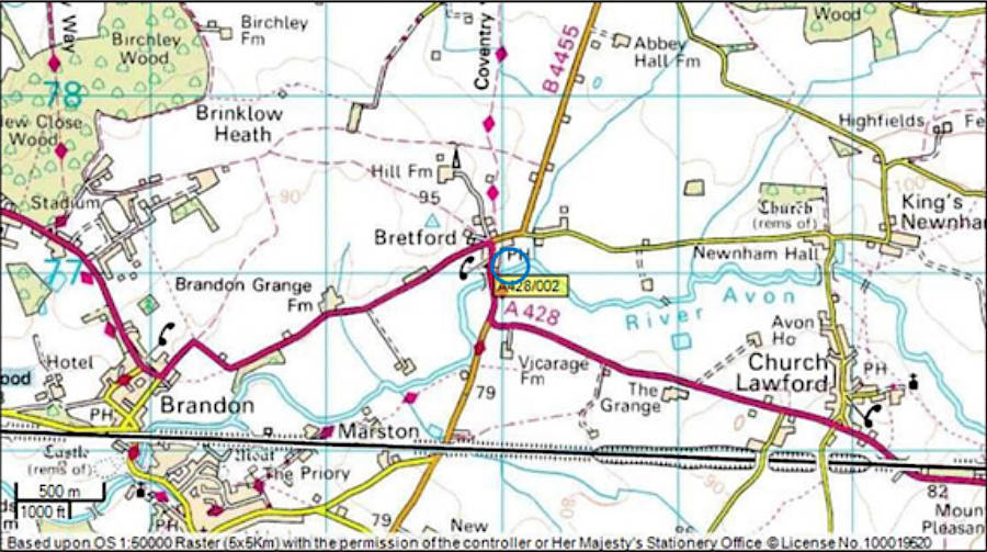 Ordnance Survey map showing location of Bretford Bridge