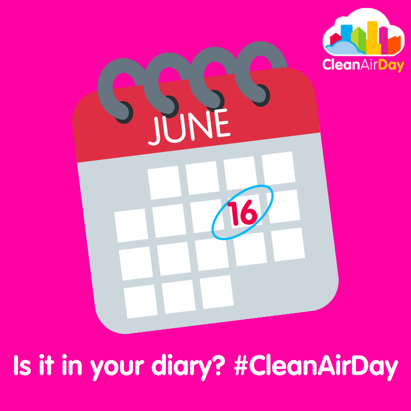 An image of a calendar, with June 16 2022 highlighted as Clean Air Day.