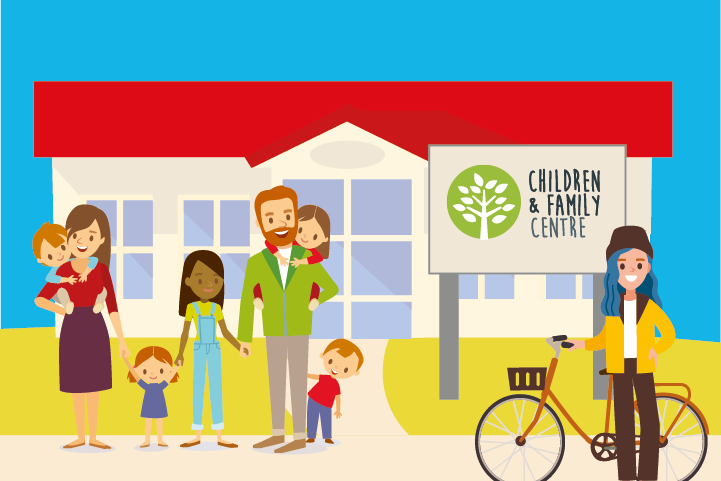 Graphic of families standing in front of a Warwickshire children and family centre