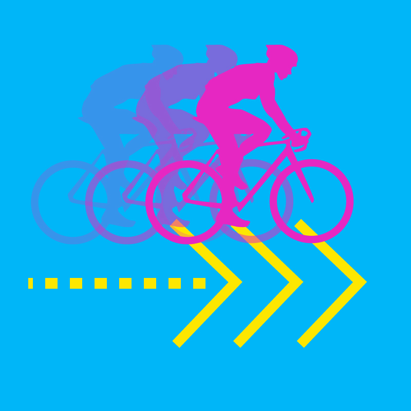 Blue bacground with the silhouette of a cyclist in pink above 3 arrows in yellow