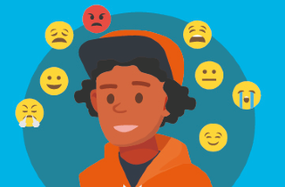 Clipart of person surrounded by different emoji icons
