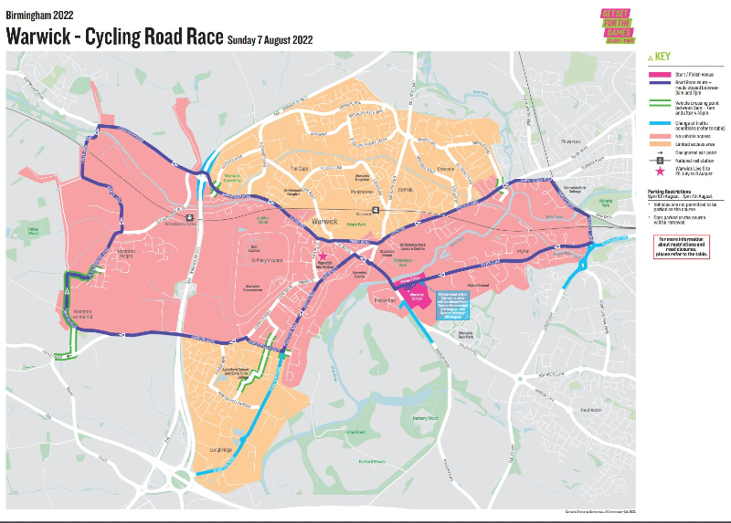 Picture of a map of warwick with a highlighted figure 8 shaped route for the road race. Start and finish Myton Fields.