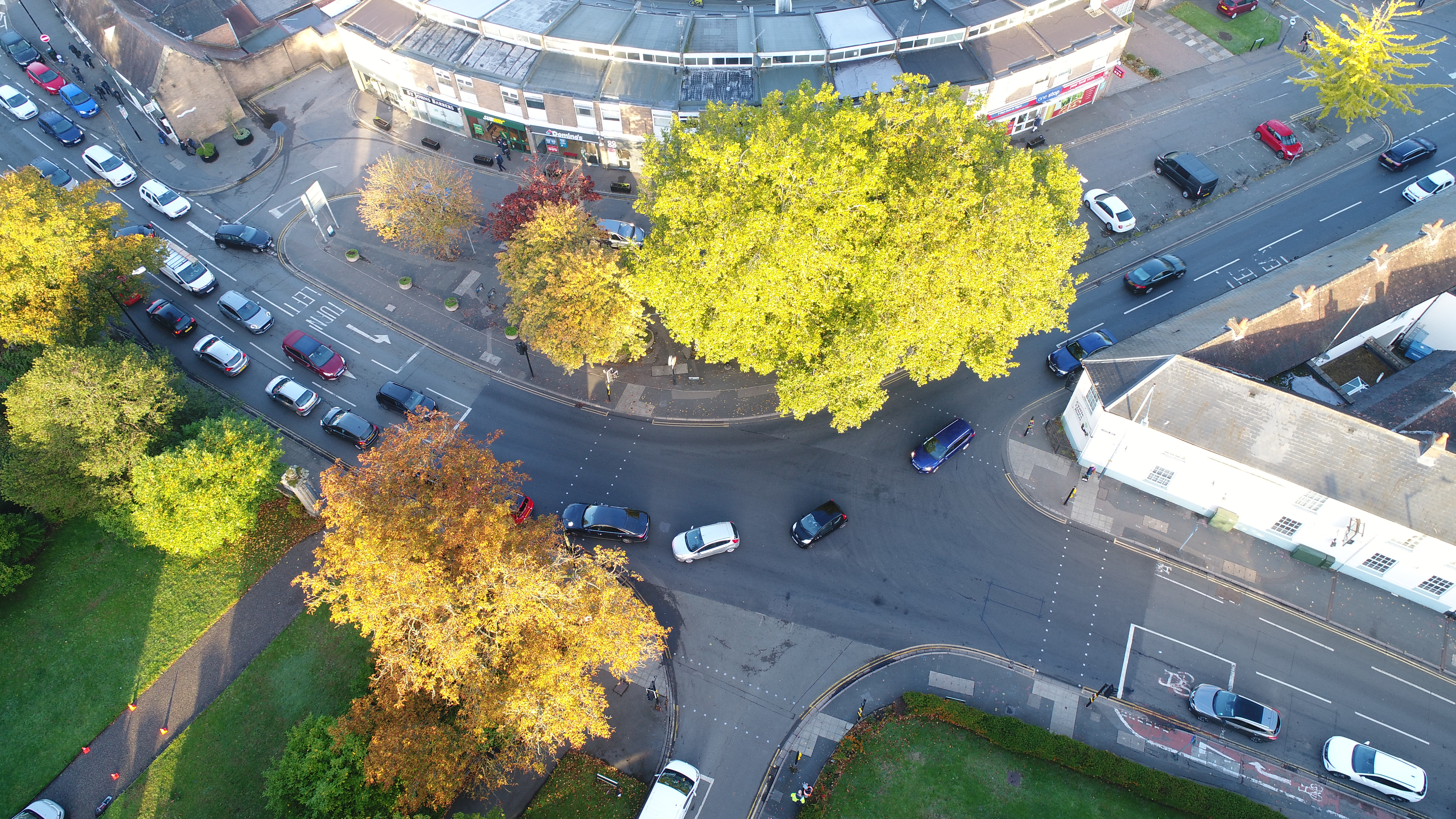 St Johns, Warwick, from above. A bird's eye view showing cars on the street at the traffic light junction.