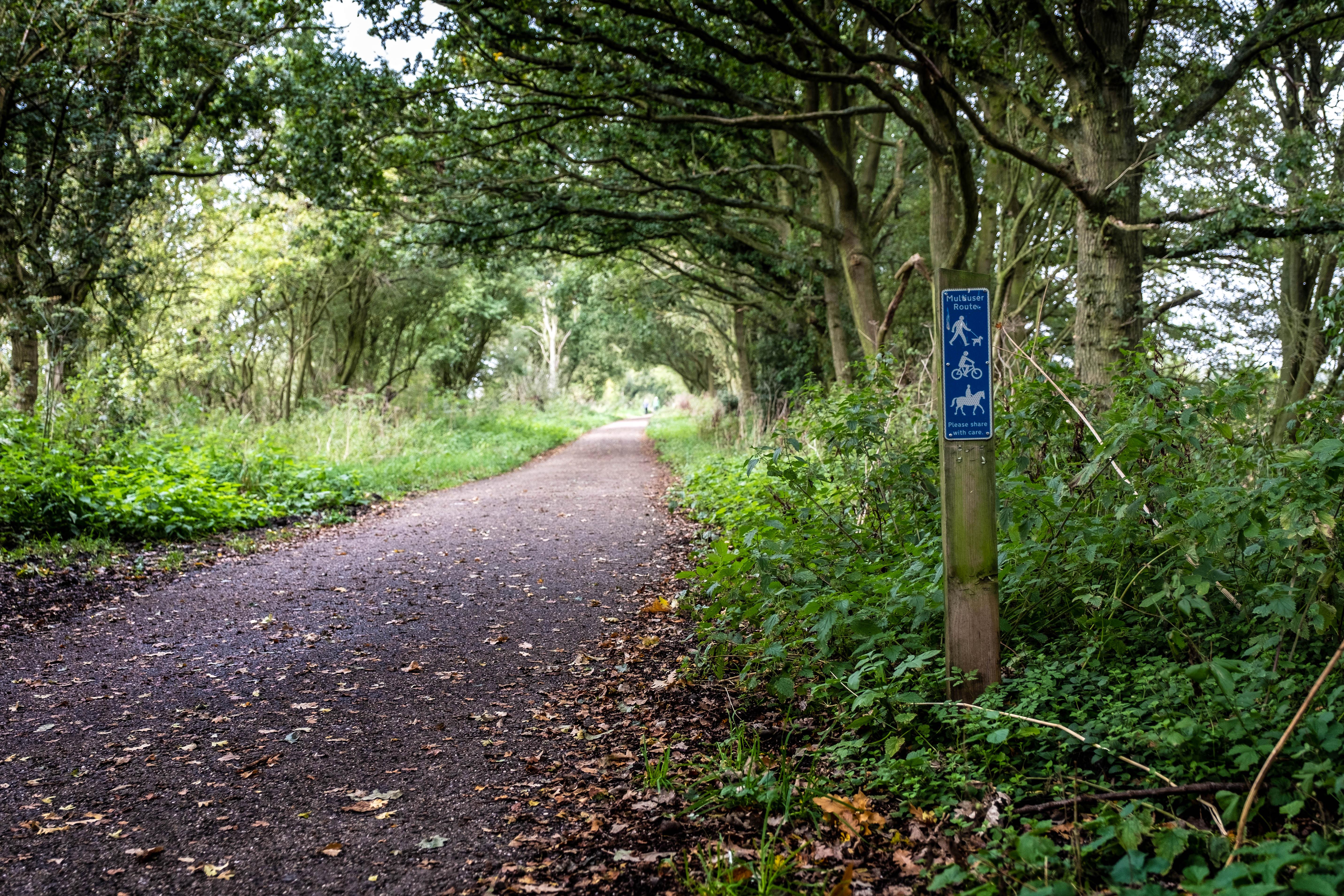 A straight pathway at Kenilworth Greenway. The path is surrounded by trees in leaf, with a sign post in the foreground signalling the path is accessible to walkers, cyclists and horse riders.