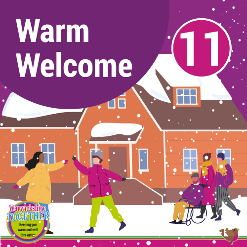 People outside building with words warm welcome