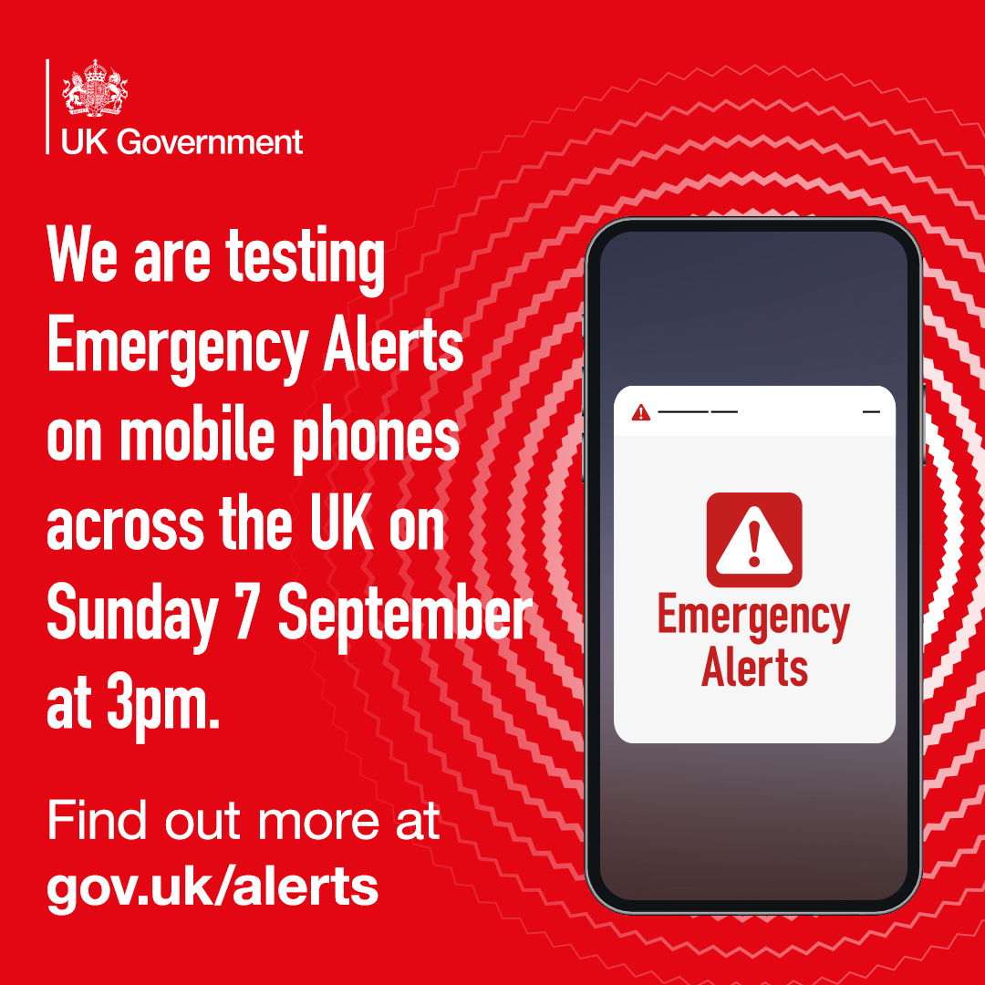 White text on a red background reads: "We are testing Emergency Alerts on mobile phones across the UK on Sunday 7 September at 3pm. Find out more at gov.uk/alerts."
