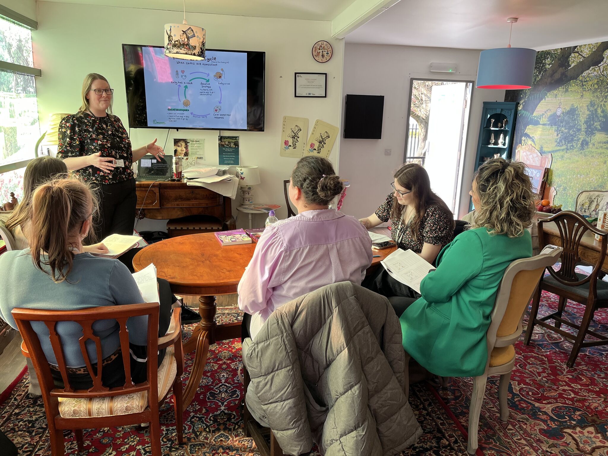 Members of staff at the Emotional Coaching training session at the Mad Hatters Cafe Space at Race Leys Junior School