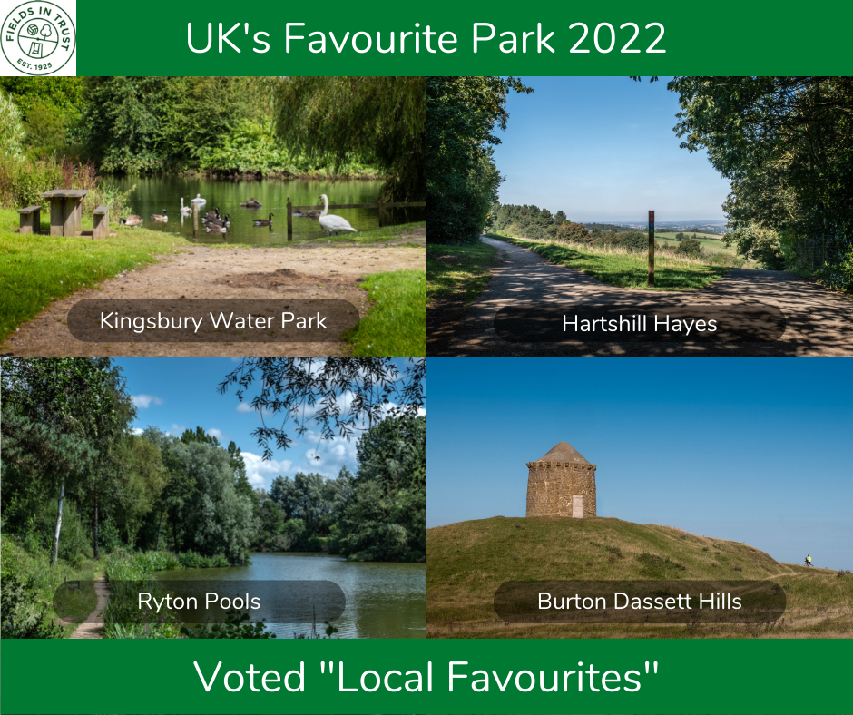 Images of the four winning parks (Hartshill Hayes, Kingsbury Water Park, Burton Dassett Hills and Ryton Pools)