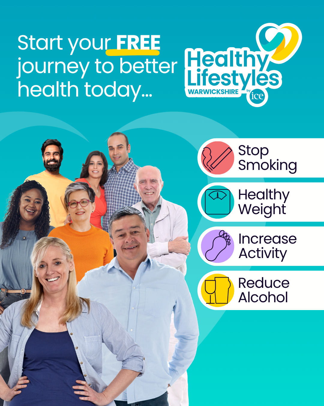 A group of people looking happy and healthy with text promoting Healthy Lifestyles Warwickshire on a blue background.