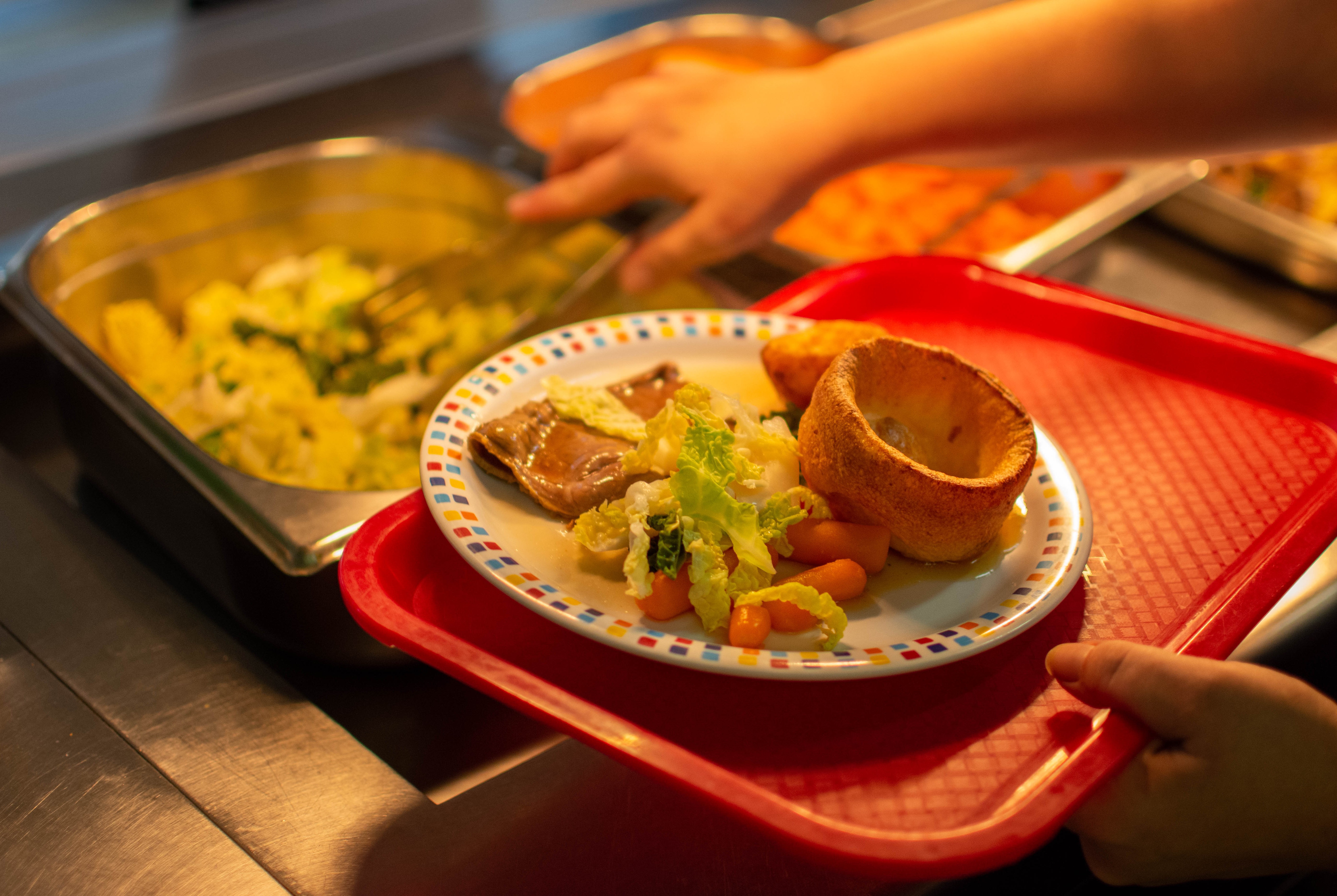 Roast dinner provided by Educaterers featuring Red Tractor British beef and Yorkshire pudding