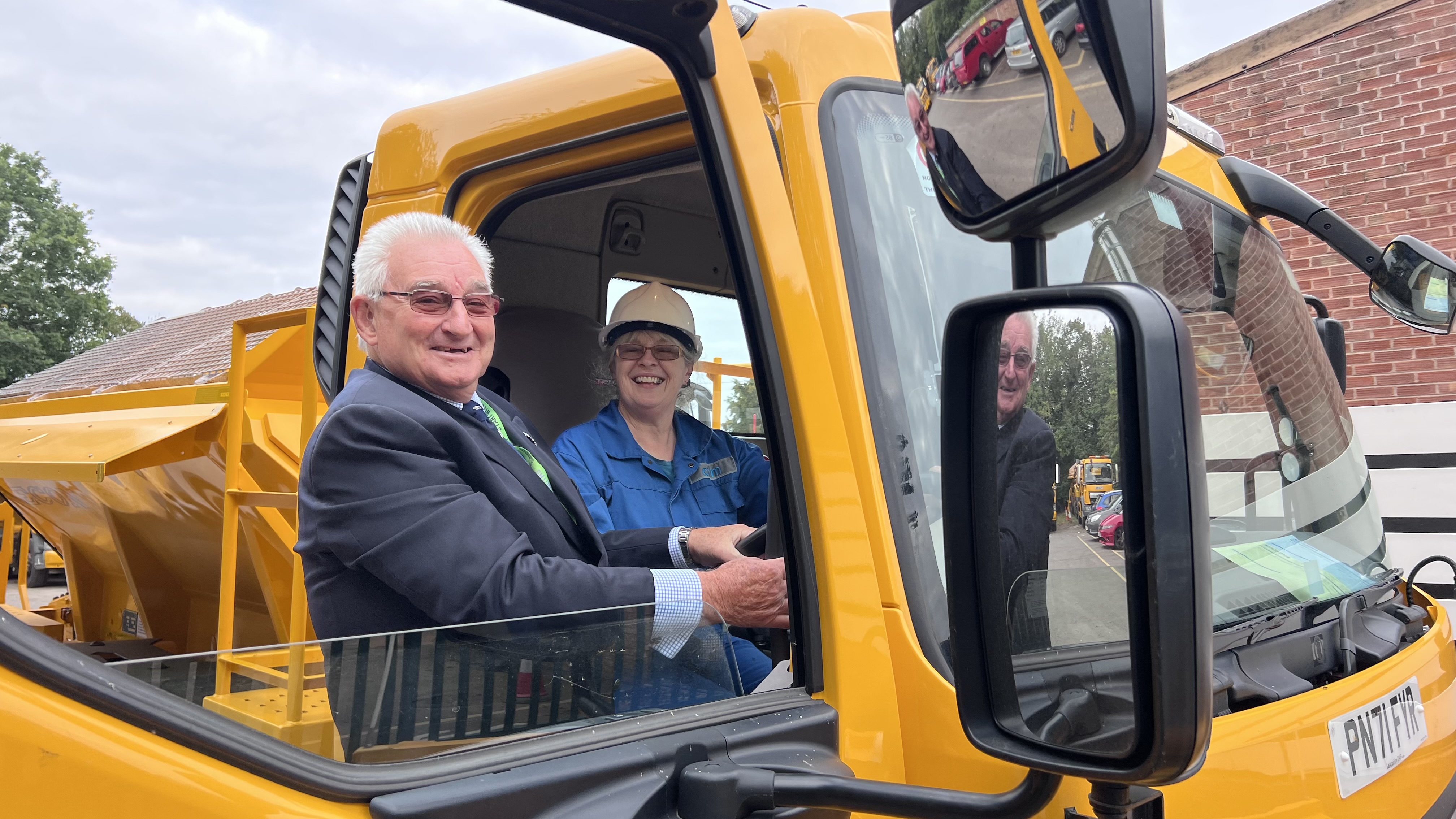 Cllr Wallace Redford, Warwickshire County Council Portfolio Holder for Transport and Highways  joins Maxine Turnbull, a member of Warwickshire County Council's Fleet Maintenance Service Team.