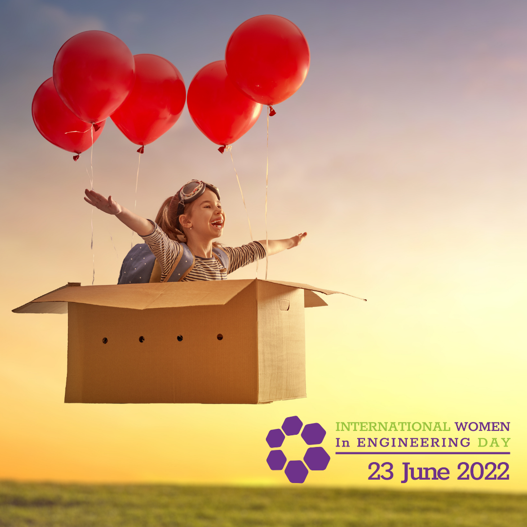Picture shows little girl flying in a cardboard box above the international women in engineering day logo