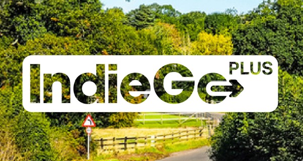 The IndieGo PLUS Logo on a countryside background.