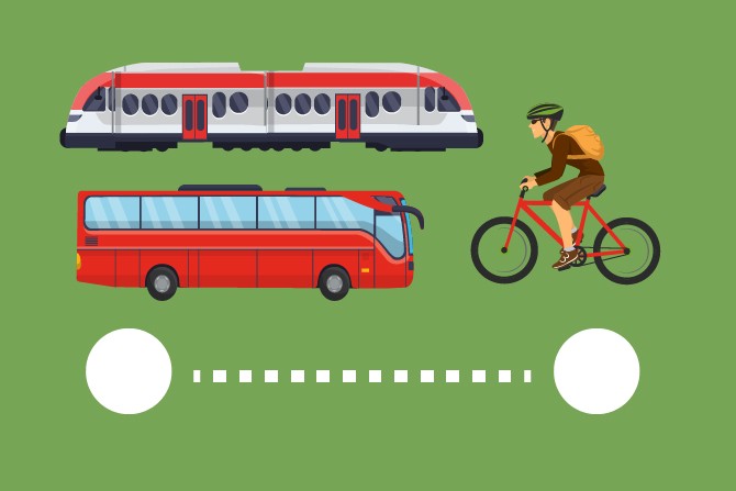 Bus, train and someone on a bicycle on a green background
