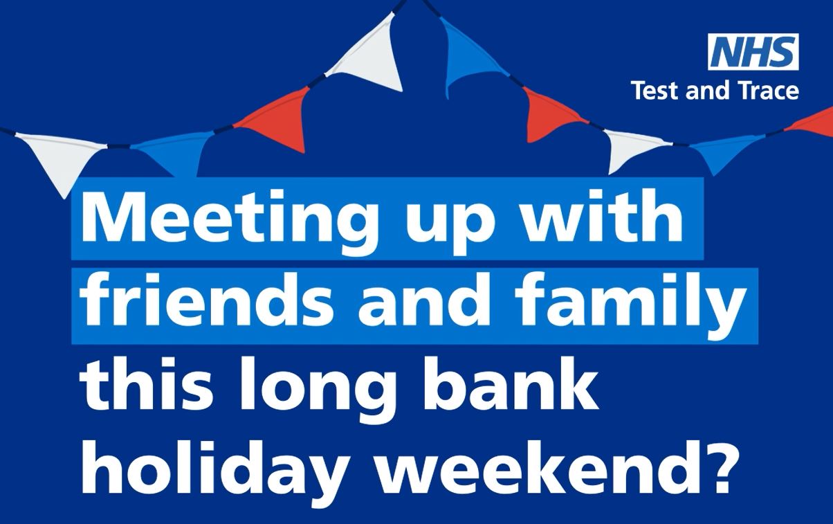 Blue image with white, light blue, and red bunting. The NHS logo is in the top right-hand corner, and the text on the image says "Meeting up with friends and family this long bank holiday weekend?"