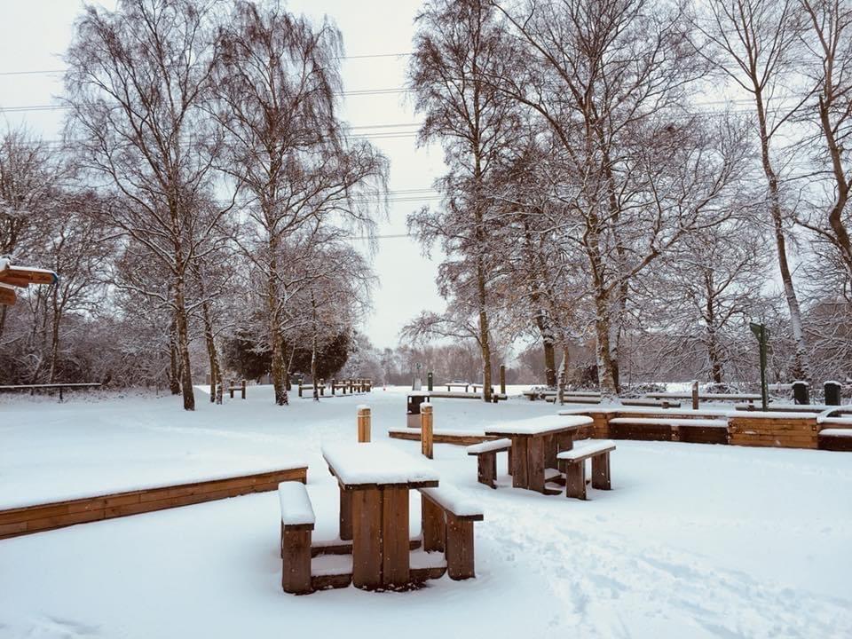 Snow covers the ground and trees at Kingsbury Water Park