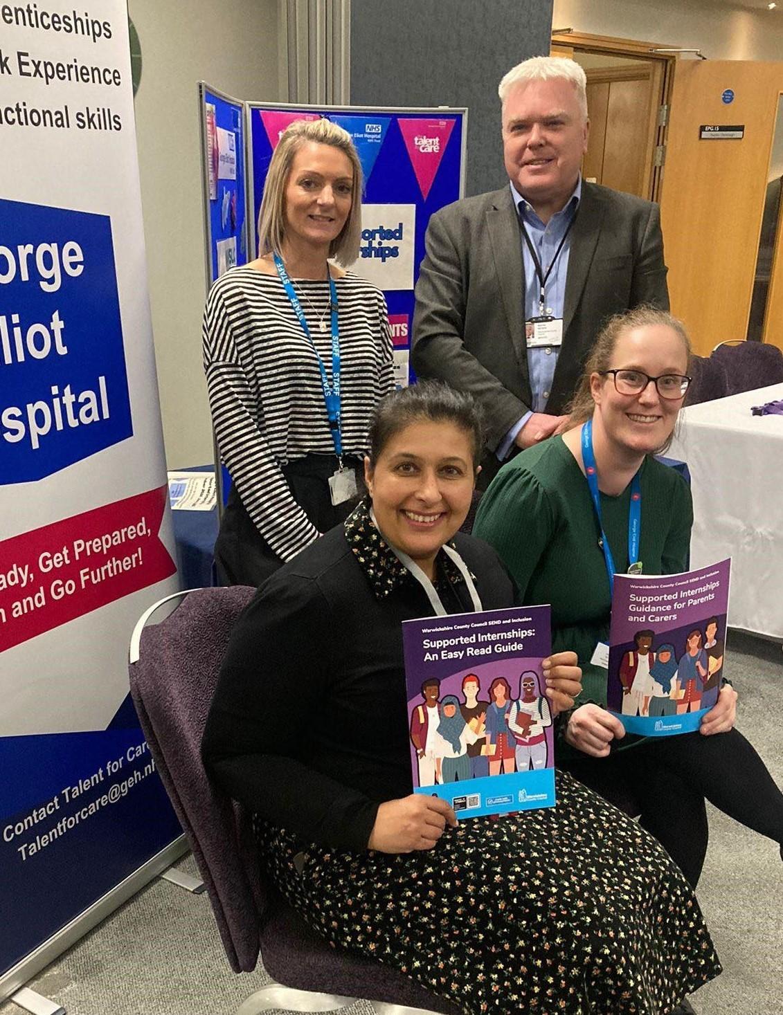 Pictured: (Back L-R) Kirsty Payne, Hereward College and Cllr Martin Watson, WCC portfolio holder for Economy. (Front L-R) Cllr Kam Kaur, WCC portfolio holder for Education and Clare Barlow, Talent for Care Facilitator, George Eliot Hospital