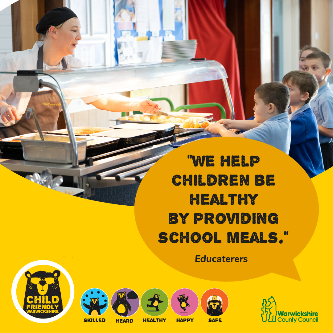 Kirsty Evans, Studley resident and Operations Supervisor with school food providers Educaterers features in Warwickshire County Council's Child-Friendly Warwickshire campaign. Here she is pictured serving up a delicious lunch at Budbrooke Primary School.