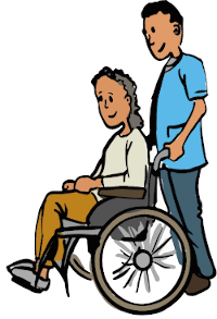 Man pushing lady in wheelchair