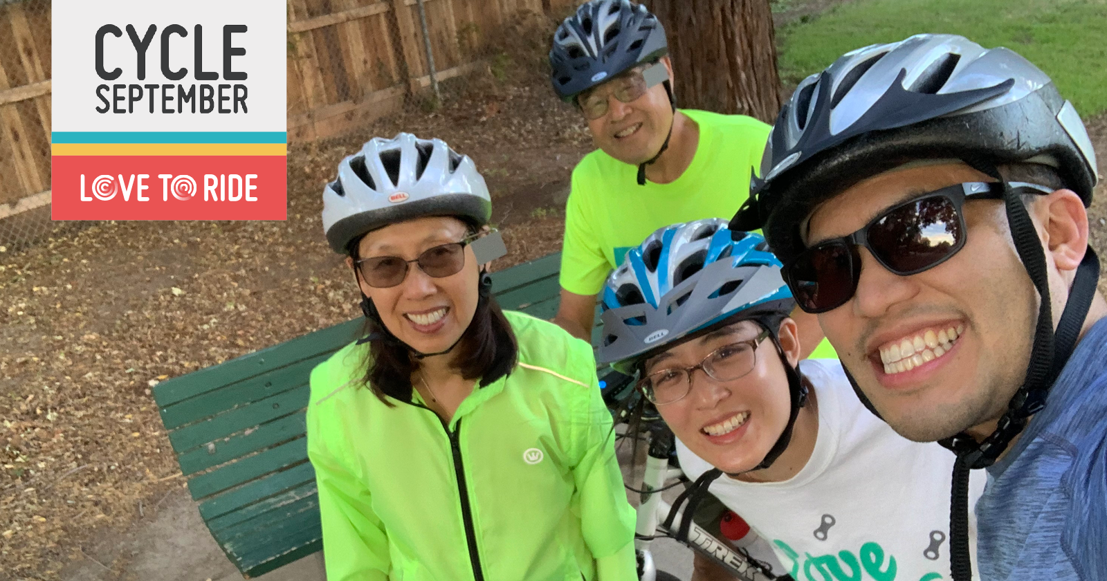 Image shows love to ride logo in top left and a picture of 4 smiling cyclists with cycle helmets