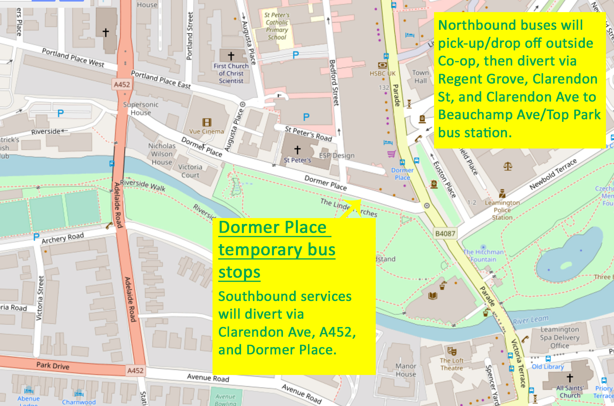 Leamington Spa Dormer Place temporary stops