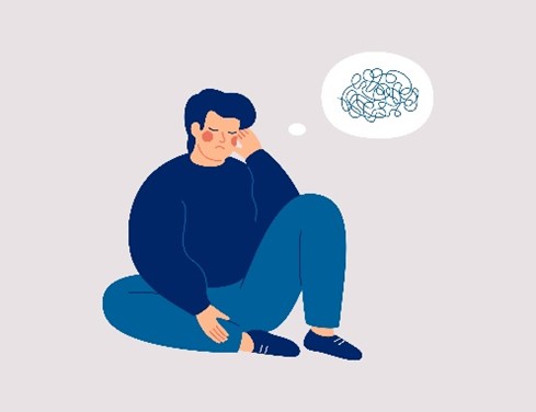Boy with thought bubble showing contrasting emotions