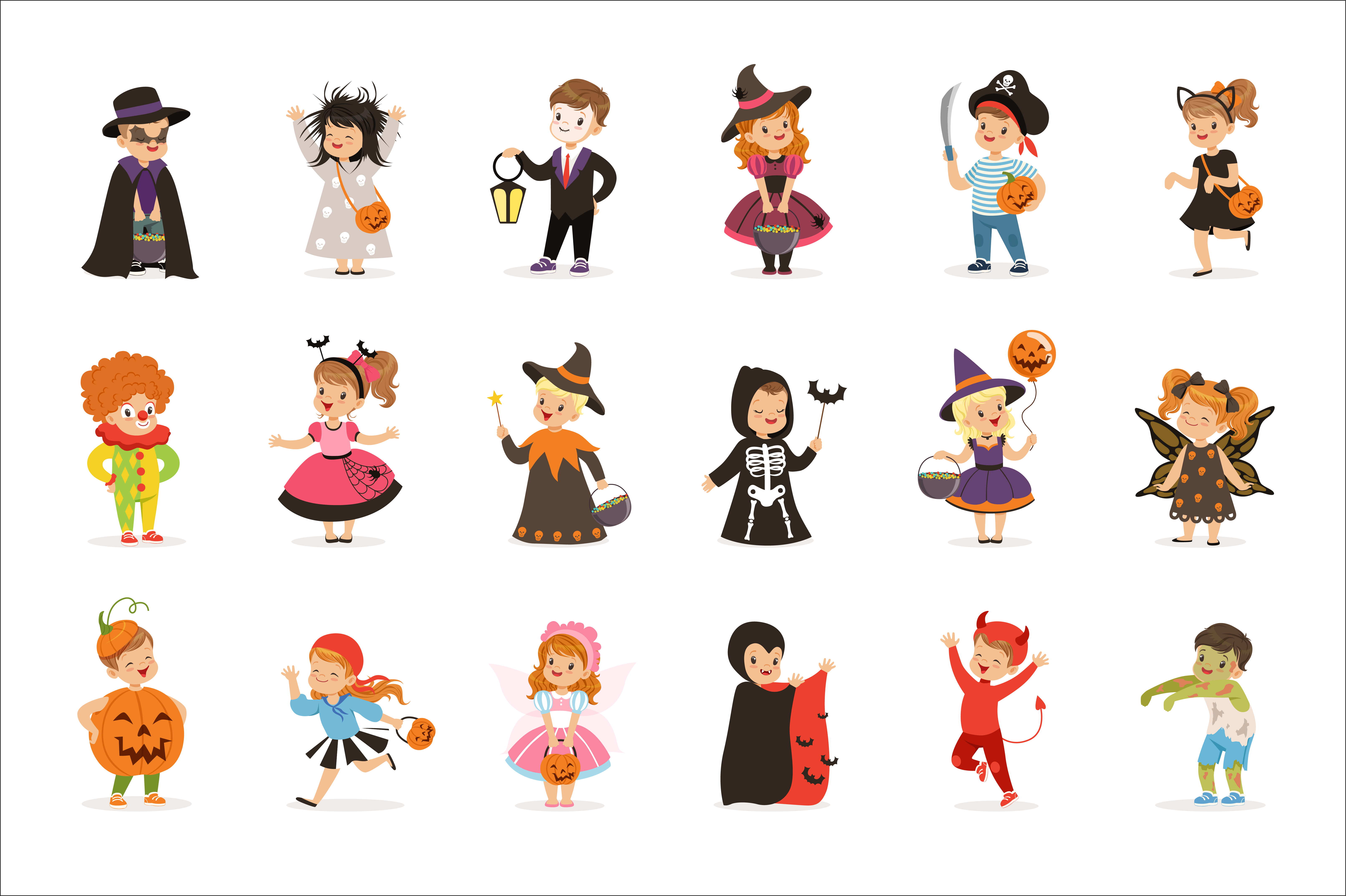 Cartoon image of a range of children's Halloween Costumes