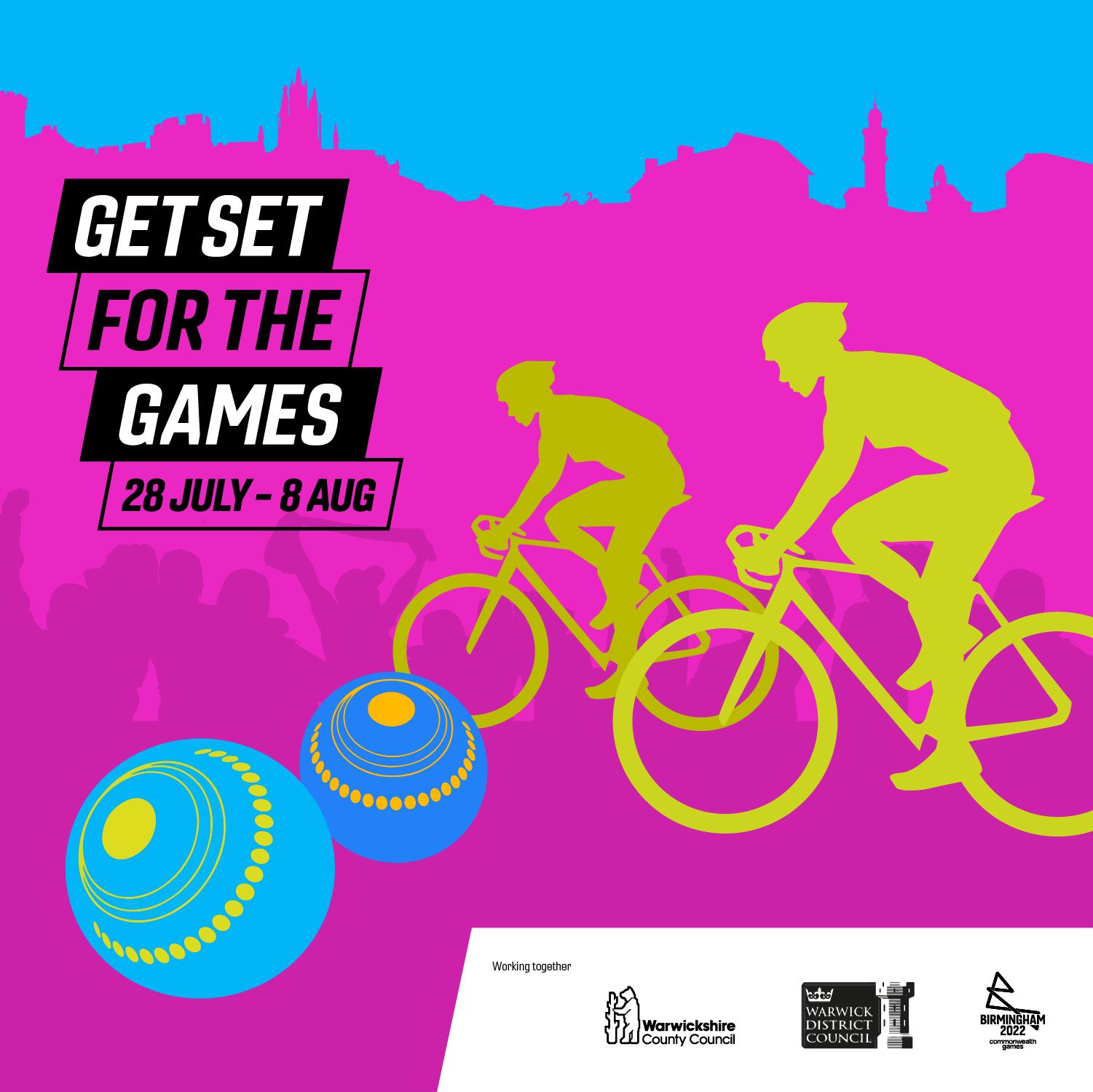 Brightly coloured image with silhouette of two cyclists, two lawn bowls and the words Get Set for the Games.